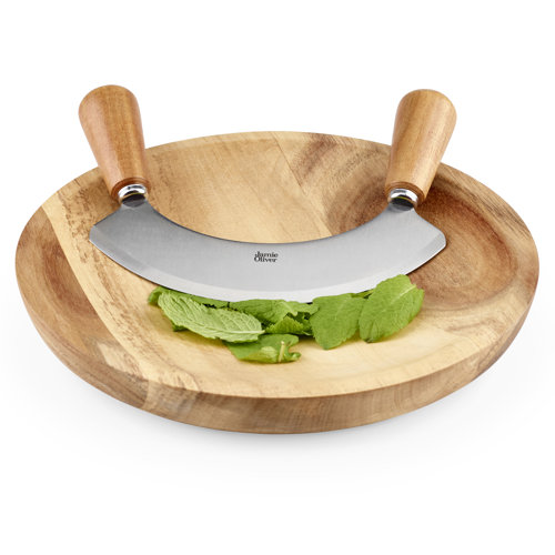 Jamie Oliver Acacia Wood Chopping Board and Mezzaluna Knife Set